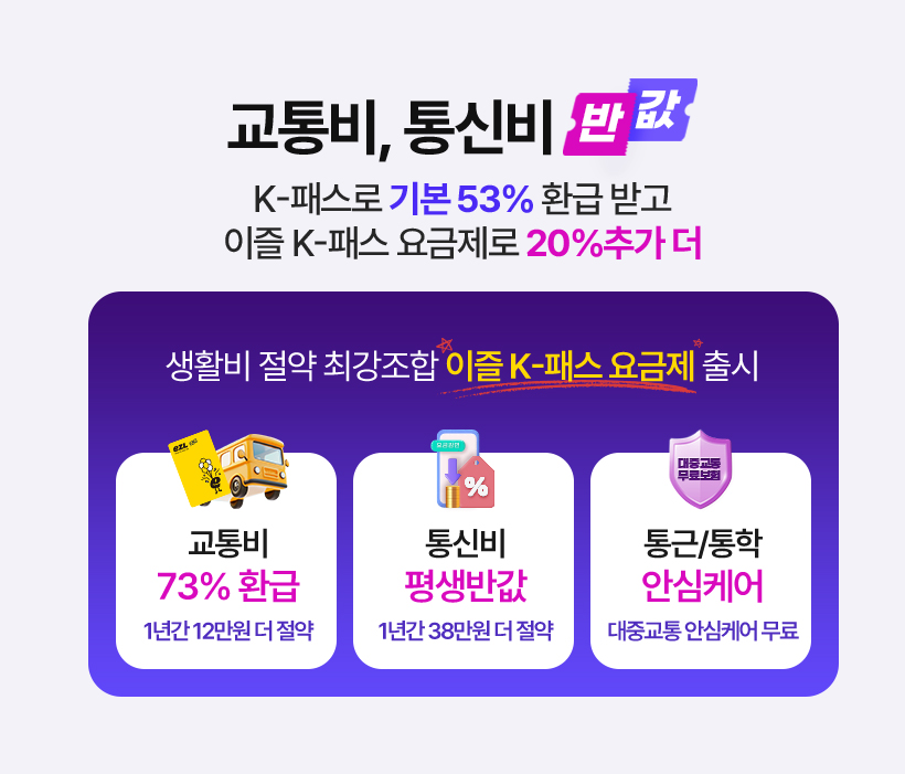 교통비, 통신비 반값 k-패스로 기본53% 환급 받고 이즐 k-패스 요금제로 20% 추가 더